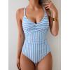 imageB2prity Womens One Piece Swimsuits Tummy Control Front Cross Bathing Suits Tie Back Slimming V Neck SwimwearBlue and White Stripe