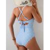 imageB2prity Womens One Piece Swimsuits Tummy Control Front Cross Bathing Suits Tie Back Slimming V Neck SwimwearBlue and White Stripe