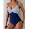 imageB2prity Womens One Piece Swimsuits Tummy Control Front Cross Bathing Suits Tie Back Slimming V Neck SwimwearNavy Blue Stripe