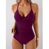 imageB2prity Womens One Piece Swimsuits Tummy Control Front Cross Bathing Suits Tie Back Slimming V Neck SwimwearWine Red Solid Color