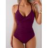 imageB2prity Womens One Piece Swimsuits Tummy Control Front Cross Bathing Suits Tie Back Slimming V Neck SwimwearWine Red Solid Color