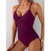 imageB2prity Womens One Piece Swimsuits Tummy Control Front Cross Bathing Suits Tie Back Slimming V Neck SwimwearWine Red Solid Color