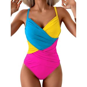 imageB2prity One Piece Swimsuit Tummy Control Criss Cross Bathing Suit Slimming Ruched Swim Suit Push Up V Neck SwimwearBlue Yellow Pink