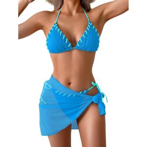 imageB2prity Womens Bikini Sets 3 Piece Swimsuit Halter Triangle Mesh Sarong Wraps Bathing Suit with CoverupsBlue