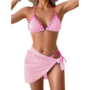 imageB2prity Womens Bikini Sets 3 Piece Swimsuit Halter Triangle Mesh Sarong Wraps Bathing Suit with CoverupsPink