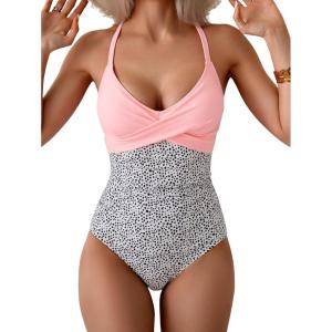 imageB2prity Womens One Piece Swimsuits Tummy Control Front Cross Bathing Suits Tie Back Slimming V Neck SwimwearLight Pink Print