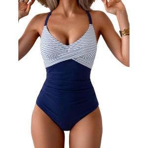 imageB2prity Womens One Piece Swimsuits Tummy Control Front Cross Bathing Suits Tie Back Slimming V Neck SwimwearNavy Blue Stripe