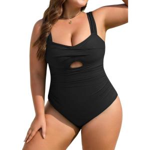imageB2prity Womens Plus Size One Piece Swimsuit Tummy Control Bathing Suit Push Up Ruched Swim Suit Tie Back Cutout SwimwearBlack
