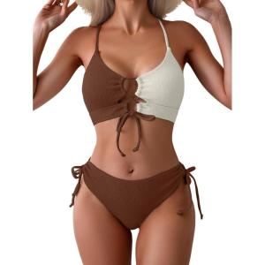 imageB2prity Womens Sexy Bikini Set Color Block Lace Up 2 Piece Bathing Suit Tie Side SwimsuitBrown Block