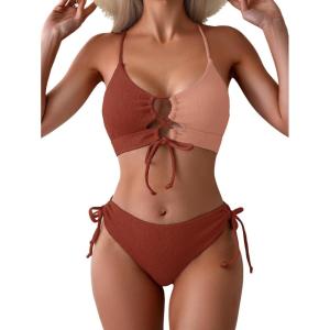 imageB2prity Womens Sexy Bikini Set Color Block Lace Up 2 Piece Bathing Suit Tie Side SwimsuitRed Brown Block