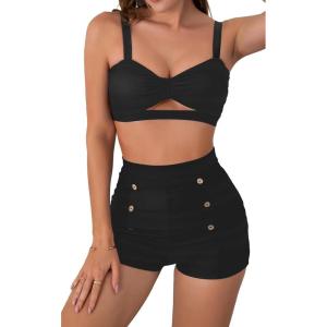 imageB2prity Womens Two Piece Swimsuit Ladies Bathing Suit Vintage Swimwear Bikini Set with Bottom BrazilianBlack