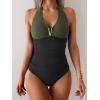 imageB2prity One Piece Swimsuit for Women Tummy Control Halter Bathing Suit V Neck Push Up Swim Suit Ruched SwimwearArmy Green  Black
