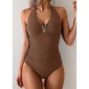 imageB2prity One Piece Swimsuit for Women Tummy Control Halter Bathing Suit V Neck Push Up Swim Suit Ruched SwimwearBrown