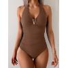 imageB2prity One Piece Swimsuit for Women Tummy Control Halter Bathing Suit V Neck Push Up Swim Suit Ruched SwimwearBrown
