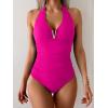 imageB2prity One Piece Swimsuit for Women Tummy Control Halter Bathing Suit V Neck Push Up Swim Suit Ruched SwimwearHot Pink