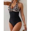 imageB2prity One Piece Swimsuit for Women Tummy Control Halter Bathing Suit V Neck Push Up Swim Suit Ruched SwimwearLeopard  Black