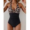 imageB2prity One Piece Swimsuit for Women Tummy Control Halter Bathing Suit V Neck Push Up Swim Suit Ruched SwimwearLeopard  Black