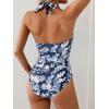 imageB2prity One Piece Swimsuit for Women Tummy Control Halter Bathing Suit V Neck Push Up Swim Suit Ruched SwimwearNavy Blue Leaf Print