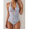 imageB2prity One Piece Swimsuit for Women Tummy Control Halter Bathing Suit V Neck Push Up Swim Suit Ruched SwimwearOrange Floral Print