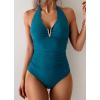 imageB2prity One Piece Swimsuit for Women Tummy Control Halter Bathing Suit V Neck Push Up Swim Suit Ruched SwimwearPeacock Blue