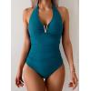 imageB2prity One Piece Swimsuit for Women Tummy Control Halter Bathing Suit V Neck Push Up Swim Suit Ruched SwimwearPeacock Blue