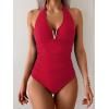 imageB2prity One Piece Swimsuit for Women Tummy Control Halter Bathing Suit V Neck Push Up Swim Suit Ruched SwimwearRed