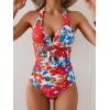 imageB2prity One Piece Swimsuit for Women Tummy Control Halter Bathing Suit V Neck Push Up Swim Suit Ruched SwimwearRed Flower Print