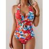 imageB2prity One Piece Swimsuit for Women Tummy Control Halter Bathing Suit V Neck Push Up Swim Suit Ruched SwimwearRed Flower Print