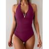 imageB2prity One Piece Swimsuit for Women Tummy Control Halter Bathing Suit V Neck Push Up Swim Suit Ruched SwimwearWine Red