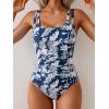 imageB2prity Womens One Piece Swimsuit Tummy Control Ruched Bathing Suit Double Straps Push Up Swim Suit Slimming SwimwearNavy Blue Leaf