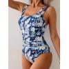 imageB2prity Womens One Piece Swimsuit Tummy Control Ruched Bathing Suit Double Straps Push Up Swim Suit Slimming SwimwearNavy Blue Leaf
