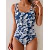 imageB2prity Womens One Piece Swimsuit Tummy Control Ruched Bathing Suit Double Straps Push Up Swim Suit Slimming SwimwearNavy Blue Leaf