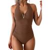 imageB2prity One Piece Swimsuit for Women Tummy Control Halter Bathing Suit V Neck Push Up Swim Suit Ruched SwimwearBrown