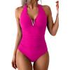 imageB2prity One Piece Swimsuit for Women Tummy Control Halter Bathing Suit V Neck Push Up Swim Suit Ruched SwimwearHot Pink