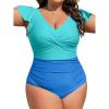 imageB2prity Womens Plus Size One Piece Swimsuit Tummy Control Ruffle Bathing Suit V Neck High Waist Wrap SwimwearSky Blue blue