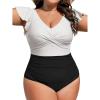 imageB2prity Womens Plus Size One Piece Swimsuit Tummy Control Ruffle Bathing Suit V Neck High Waist Wrap SwimwearWhite black
