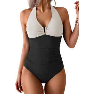 imageB2prity One Piece Swimsuit for Women Tummy Control Halter Bathing Suit V Neck Push Up Swim Suit Ruched SwimwearWhite  Black
