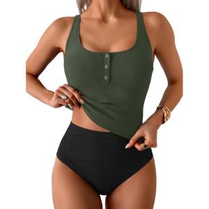 imageB2prity Womens Athletic Tankini Swimsuits Two Piece Adjustable ButtonUp Bathing Suit Full Coverage High Waisted SwimwearArmy Green  Black