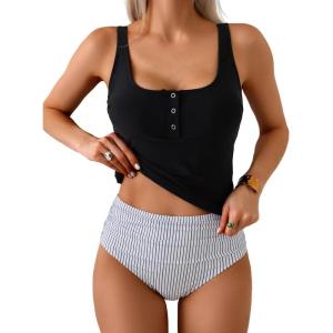 imageB2prity Womens Athletic Tankini Swimsuits Two Piece Adjustable ButtonUp Bathing Suit Full Coverage High Waisted SwimwearBlack  Stripe
