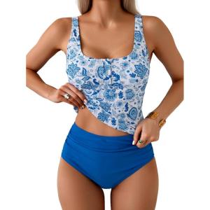 imageB2prity Womens Athletic Tankini Swimsuits Two Piece Adjustable ButtonUp Bathing Suit Full Coverage High Waisted SwimwearBlue White Floral