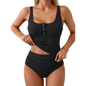 imageB2prity Womens Athletic Tankini Swimsuits Two Piece Adjustable ButtonUp Bathing Suit Full Coverage High Waisted SwimwearRibbed  Black