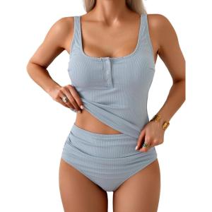 imageB2prity Womens Athletic Tankini Swimsuits Two Piece Adjustable ButtonUp Bathing Suit Full Coverage High Waisted SwimwearRibbed  Grey Blue