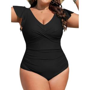 imageB2prity Womens Plus Size One Piece Swimsuit Tummy Control Ruffle Bathing Suit V Neck High Waist Wrap SwimwearBlack