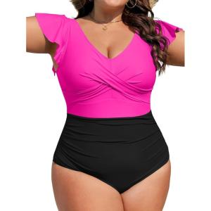 imageB2prity Womens Plus Size One Piece Swimsuit Tummy Control Ruffle Bathing Suit V Neck High Waist Wrap SwimwearHot Pink black