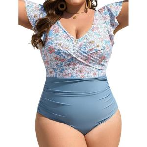 imageB2prity Womens Plus Size One Piece Swimsuit Tummy Control Ruffle Bathing Suit V Neck High Waist Wrap SwimwearOrange Floral Print blue