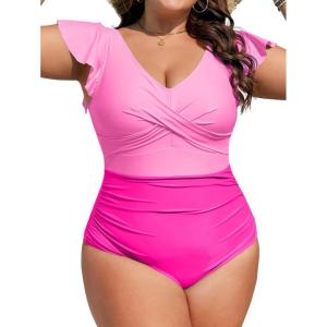 imageB2prity Womens Plus Size One Piece Swimsuit Tummy Control Ruffle Bathing Suit V Neck High Waist Wrap SwimwearPink hot Pink