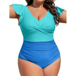 imageB2prity Womens Plus Size One Piece Swimsuit Tummy Control Ruffle Bathing Suit V Neck High Waist Wrap SwimwearSky Blue blue