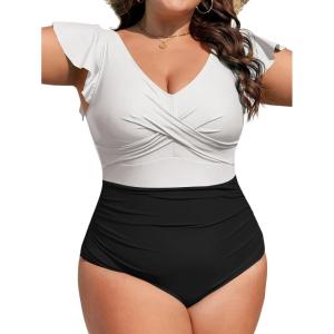imageB2prity Womens Plus Size One Piece Swimsuit Tummy Control Ruffle Bathing Suit V Neck High Waist Wrap SwimwearWhite black