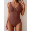 imageB2prity One Piece Swimsuit for Women Tummy Control Ruched Bathing Suit V Neck Push Up Swim SuitBrown