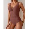 imageB2prity One Piece Swimsuit for Women Tummy Control Ruched Bathing Suit V Neck Push Up Swim SuitBrown